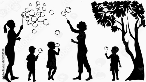 Silhouetted figures of children and adults blowing bubbles near a tree in a monochrome illustration