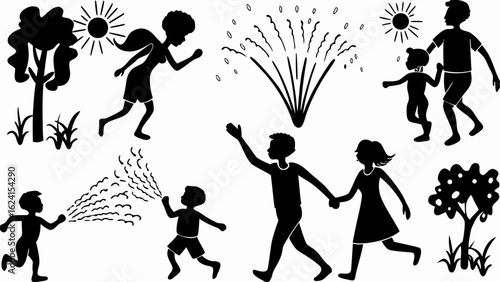 Silhouette illustration of children and adults playing outdoors with trees and water fountain scene