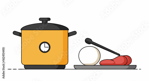 Illustrative Depiction of a Cooking Pot with Timer Accompanied by Ingredients on a Plate Showcasing Food Preparation