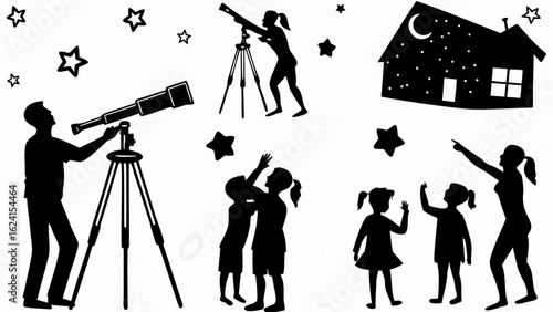 Silhouette scene of people stargazing with telescopes and a house under a starry night sky view