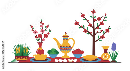 Celebrating Nowruz: A Vibrant Table Display of Traditional Elements and Springtime Symbols for a Festive Occasion