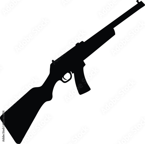 Black silhouette of a shotgun with a wooden stock and barrel on a white background firearm weapon