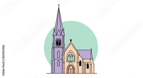 Whimsical Church Illustration with Pastel Palette for Spiritual and Architectural Design Projects