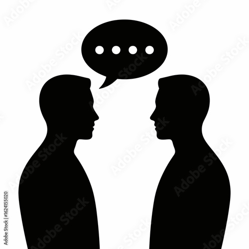 Two people in silhouette talking with a speech bubble above them conveying conversation