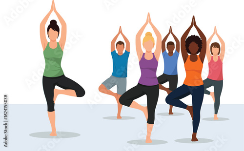 Diverse Group of People Practicing Yoga Tree Pose Together.