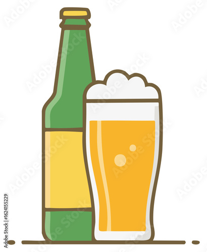 Refreshing Beer Bottle and Glass Filled with Frothy Lager Icon Illustration