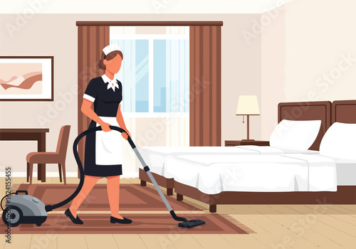 Housekeeper Vacuuming a Hotel Room Carpet.