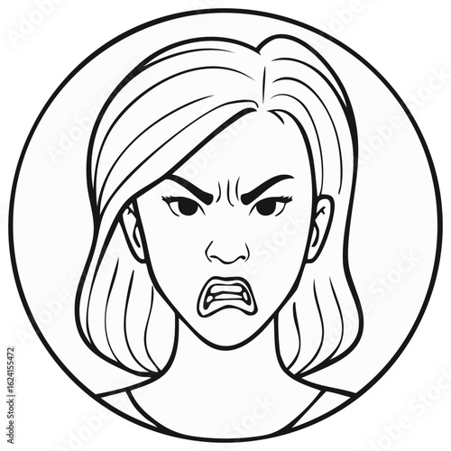 Angry woman with furrowed brows in a black and white outline design expressing frustration or irritation