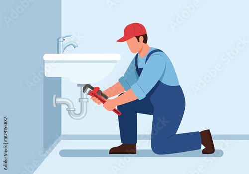 Plumber kneeling and fixing sink pipes with wrench.