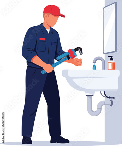 Plumber working on a sink with a pipe wrench.