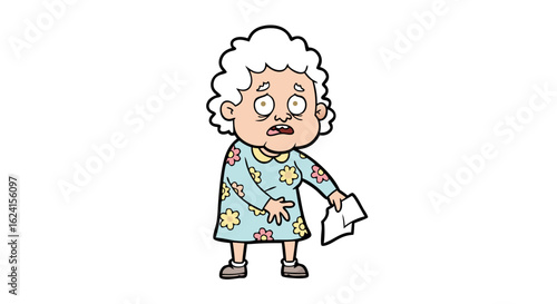 A cartoon elderly woman expressing surprise and anxiety while holding documents stands in disbelief and alarm with an open mouth and wide eyes