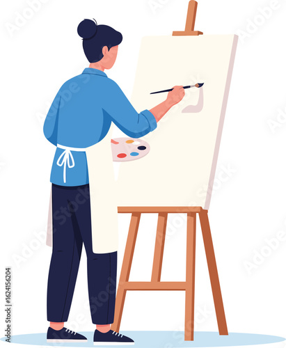 Artist painting on canvas with palette and brush.