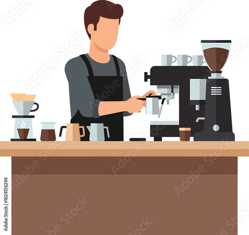 Barista preparing coffee with espresso machine and pourover.