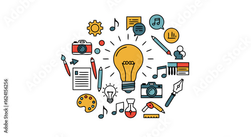 Creative process conceptualization with art and design tools, innovation and ingenuity representation with colorful illustrations, vector design 150