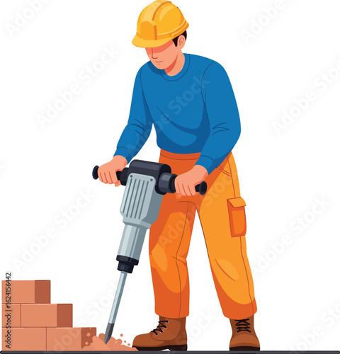 Construction worker operating a jackhammer on bricks.