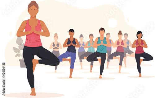 Diverse group of people practicing yoga in tree pose.
