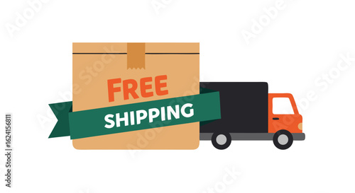 Free shipping transportation concept showcasing a delivery truck and cardboard box with green ribbon vector design