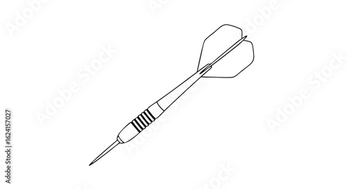 Dart with flight outline on white background, precision sport concept game equipment drawn with a minimalist style line illustration design element