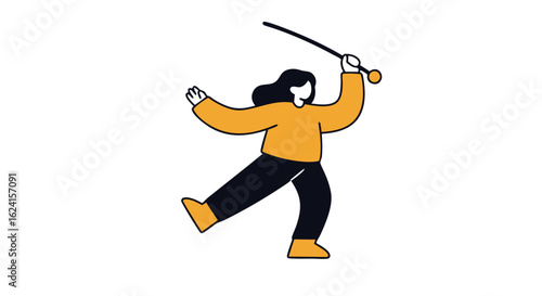 Minimalist vector illustration: Cheerful woman dances with baton, joyful and energetic movements portrayed in clean lines and vibrant yellow hues,