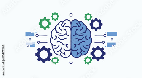 Illustrative depiction of human brain with gear elements representing processing, innovation, problem-solving, and intellectual capabilities