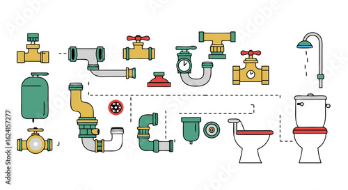 Illustrative array presenting various plumbing components and bathroom fixtures in schematic vector style