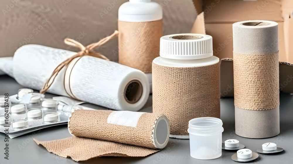 Naklejka premium Medical Supplies and Bandages in Natural Tones with Packaging and Containers for First Aid