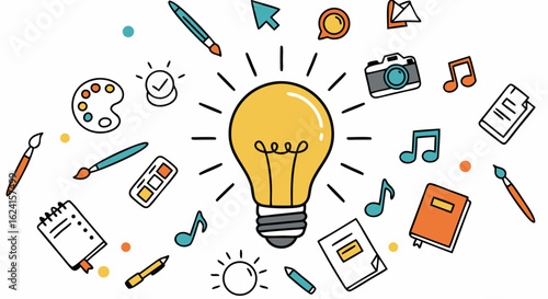 Creative ideas illustration showcasing artistry tools and elements, emphasizing creative solutions and innovative design approaches for diverse