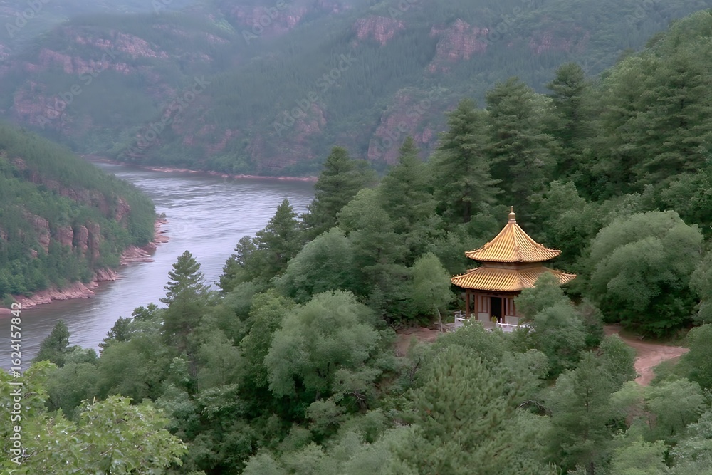 Fototapeta premium Serene Asian Temple Perched on Hillside Overlooking River and Mountains.