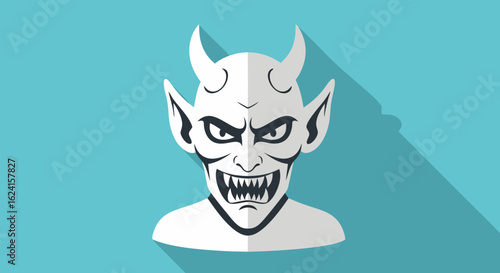Stylized Illustration of a Demon Face with Sharp Features and a Long Shadow Casting a Sinister Silhouette on a Light Blue Background