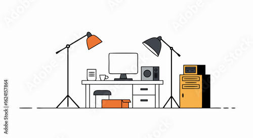 Stylized workspace illustration showcasing creative workstation setup with desk and lighting arrangement showing an area dedicated for professional