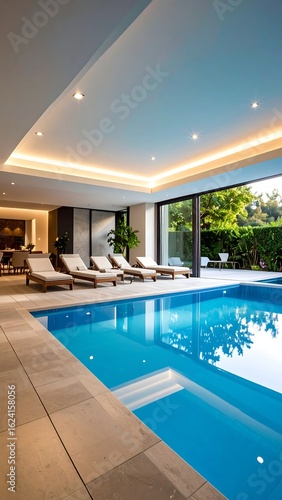 Indoor pool area with lounge chairs, recessed lighting, and large glass doors opening to a garden