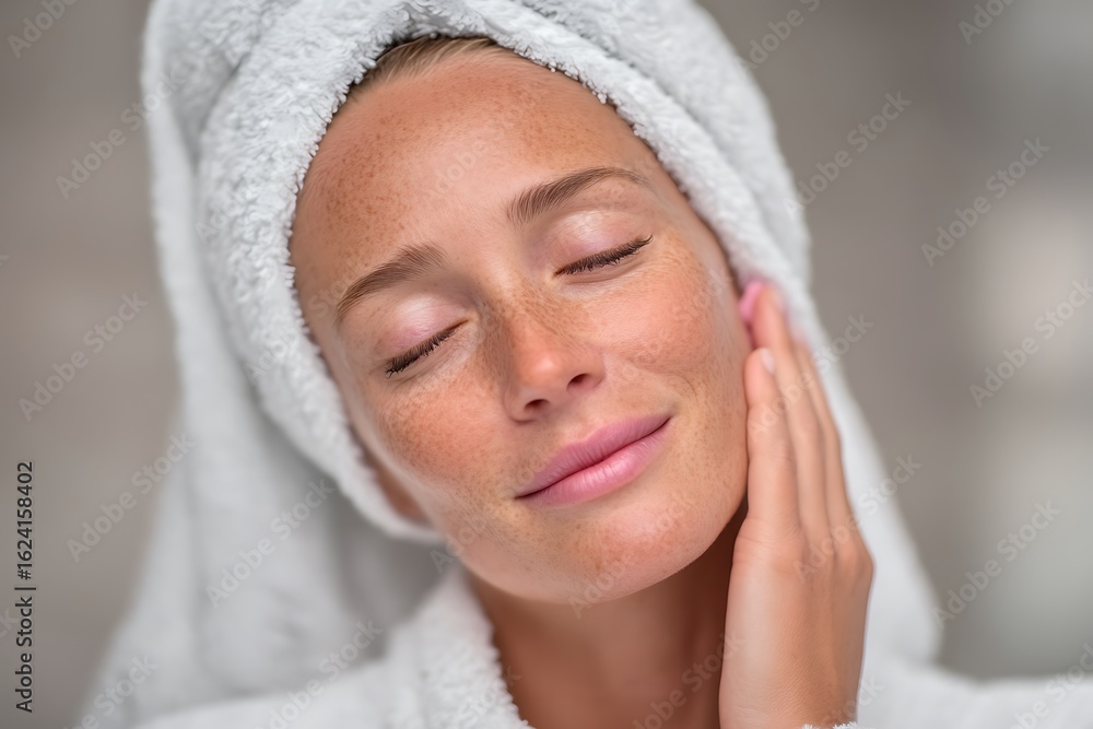 Serene woman with towel on head enjoying skincare routine with spa treatment. Serene woman with towel on head enjoying skincare routine with spa treatment.
