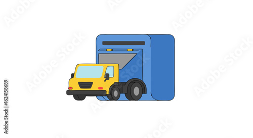 Stylized Vehicle Illustration: Yellow Truck with Blue Attachment Depicted on a White Canvas Background