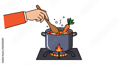 Illustration of a person cooking a healthy vegetable soup on a gas stove with carrot boiling, stirred with a wooden spoon and steam rising