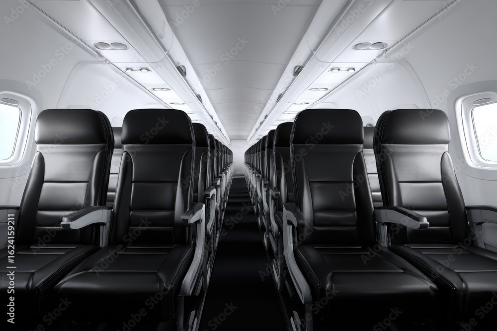 Obraz premium Aircraft Interior with Rows of Black Leather Seats in Bright Commercial Airplane