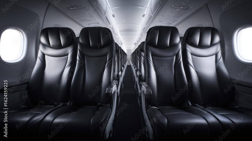 Fototapeta premium Airplane Interior Seats Rows View With Windows And Overhead Compartments Light