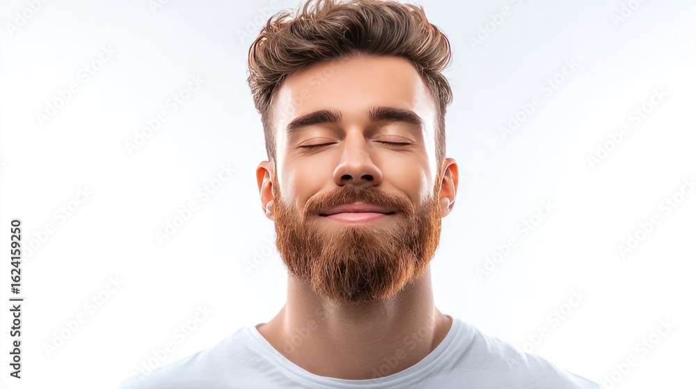 Obraz premium Man in Contemplation: Capturing a moment of serene introspection, a close-up portrait showcases a man with closed eyes, suggesting deep thought or peaceful contemplation.