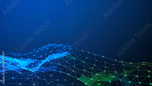 Three-dimensional mesh network with glowing blue and green nodes connected by lines, floating over a dark blue gradient digital landscape