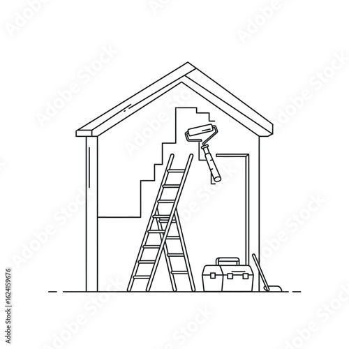 Line art illustration of home renovation: a house with ladders, paint roller, toolbox, and other painting tools, suggesting home improvement and DIY projects.