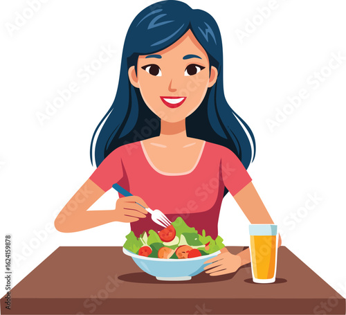Young woman eats healthy salad at table while smiling happily.