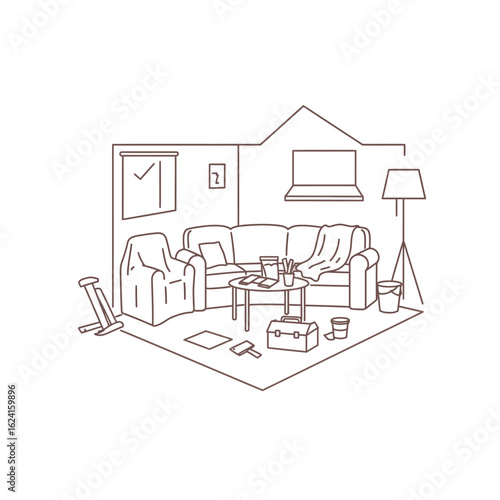 Minimalist line art illustration of a messy living room undergoing renovation, showing a sofa, armchair, tools, and paint supplies scattered around the space.