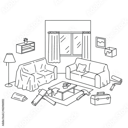 Line art illustration of a living room undergoing renovation, showing furniture covered with sheets, tools scattered on the floor, and paint cans, suggesting a home improvement or DIY project.
