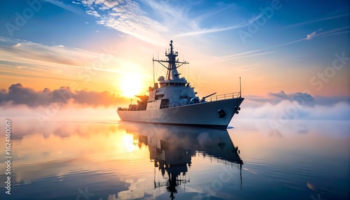 Naval vessel at sunrise