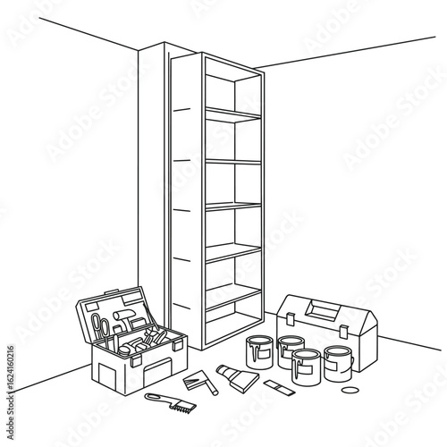 Line drawing illustration of a DIY home improvement project, showing a tall narrow shelving unit, paint cans, brushes, and toolboxes in a corner of a room.
