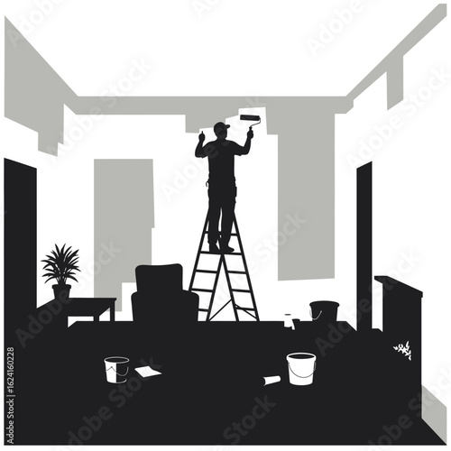 A silhouette depicts a painter on a ladder, renovating a room with a paint roller, surrounded by tools and furniture, emphasizing home improvement.