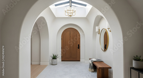 Elegant Entryway with Arches  Skylight and Wood Door