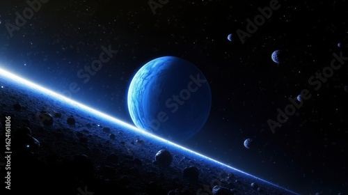 A blue planet in space with asteroids