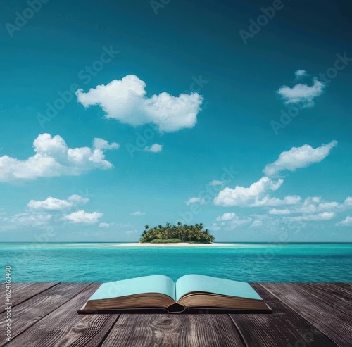 Open Book on Wooden Table Overlooking Tropical Island and Blue Sky