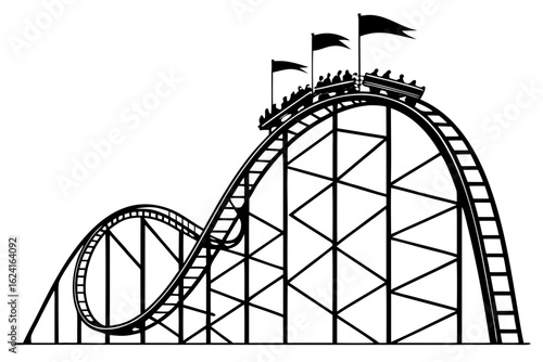 Iconic black and white roller coaster illustration, capturing the thrilling ascent before a dramatic drop at an amusement park.