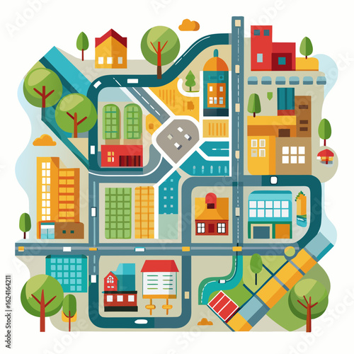 Colorful flat design city map with buildings roads and trees